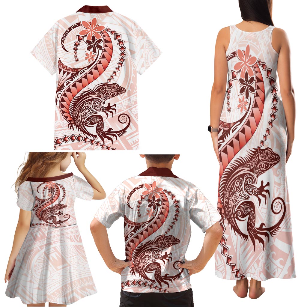 Red Maori Tuatara Family Matching Tank Maxi Dress and Hawaiian Shirt Luxury Pastel Pattern LT01 - Polynesian Pride
