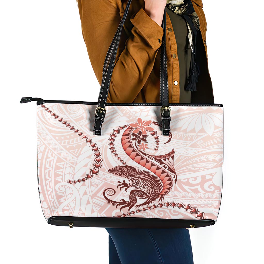 Red Maori Tuatara Leather Tote Bag Luxury Pastel Pattern LT01 - Polynesian Pride