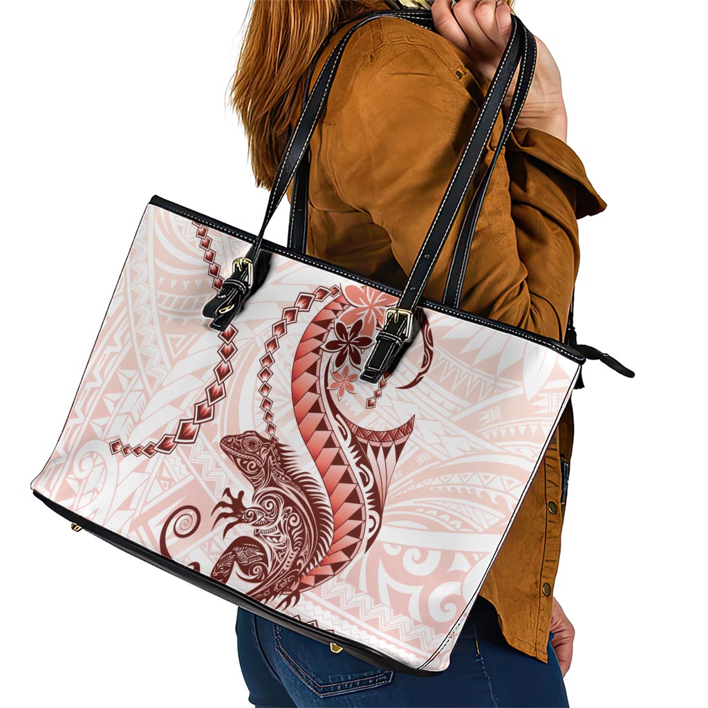 Red Maori Tuatara Leather Tote Bag Luxury Pastel Pattern LT01 - Polynesian Pride