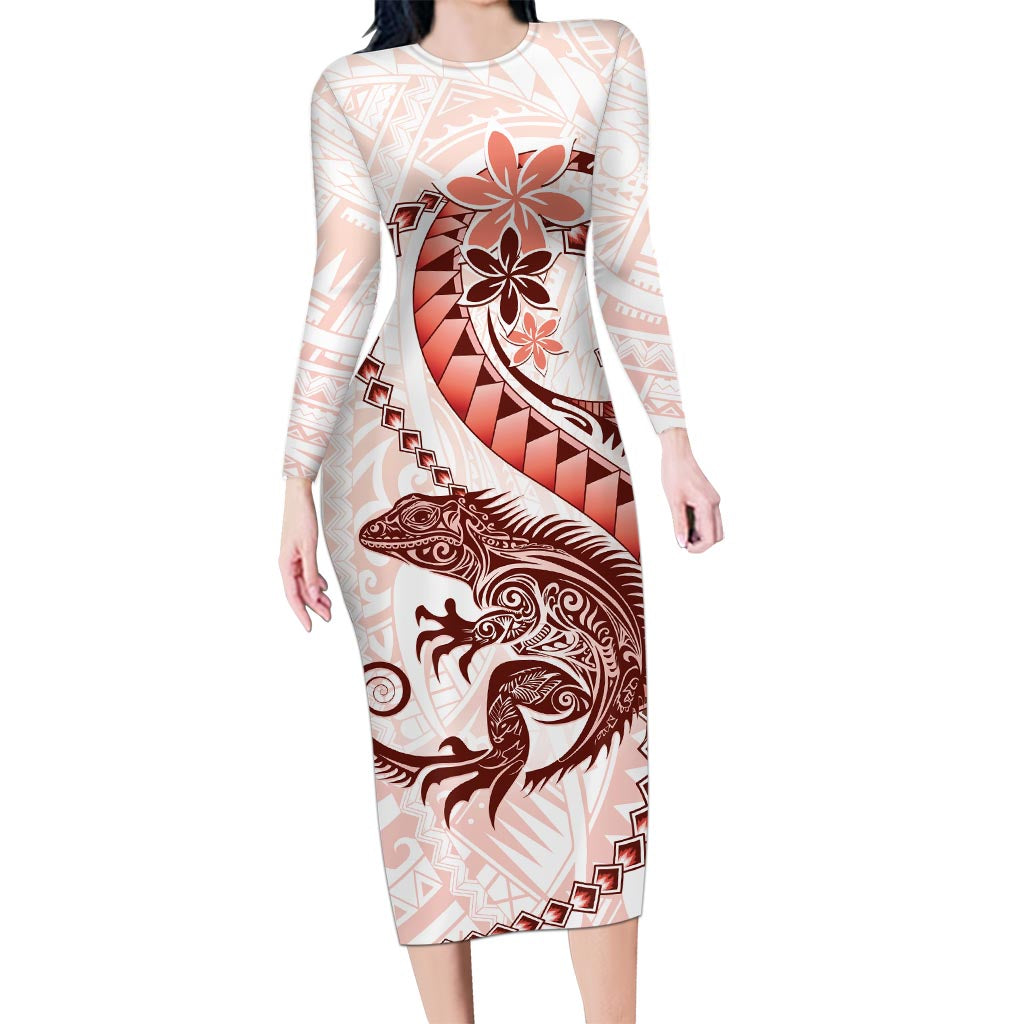 Red Maori Tuatara Long Sleeve Bodycon Dress Luxury Pastel Pattern