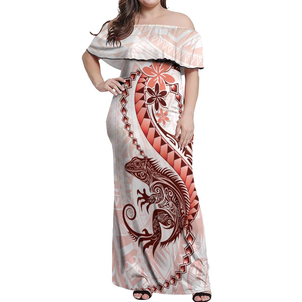 Red Maori Tuatara Off Shoulder Maxi Dress Luxury Pastel Pattern LT01 Women Red - Polynesian Pride