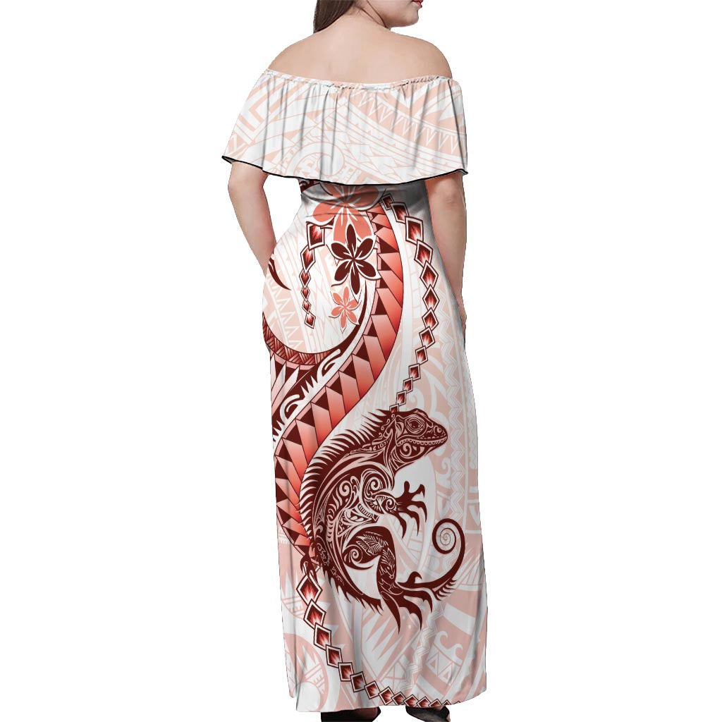 Red Maori Tuatara Off Shoulder Maxi Dress Luxury Pastel Pattern LT01 - Polynesian Pride