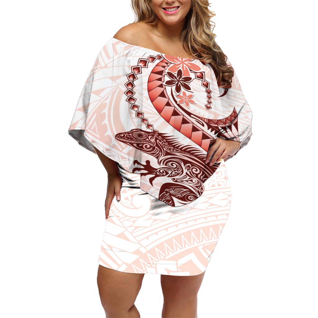 Red Maori Tuatara Off Shoulder Short Dress Luxury Pastel Pattern