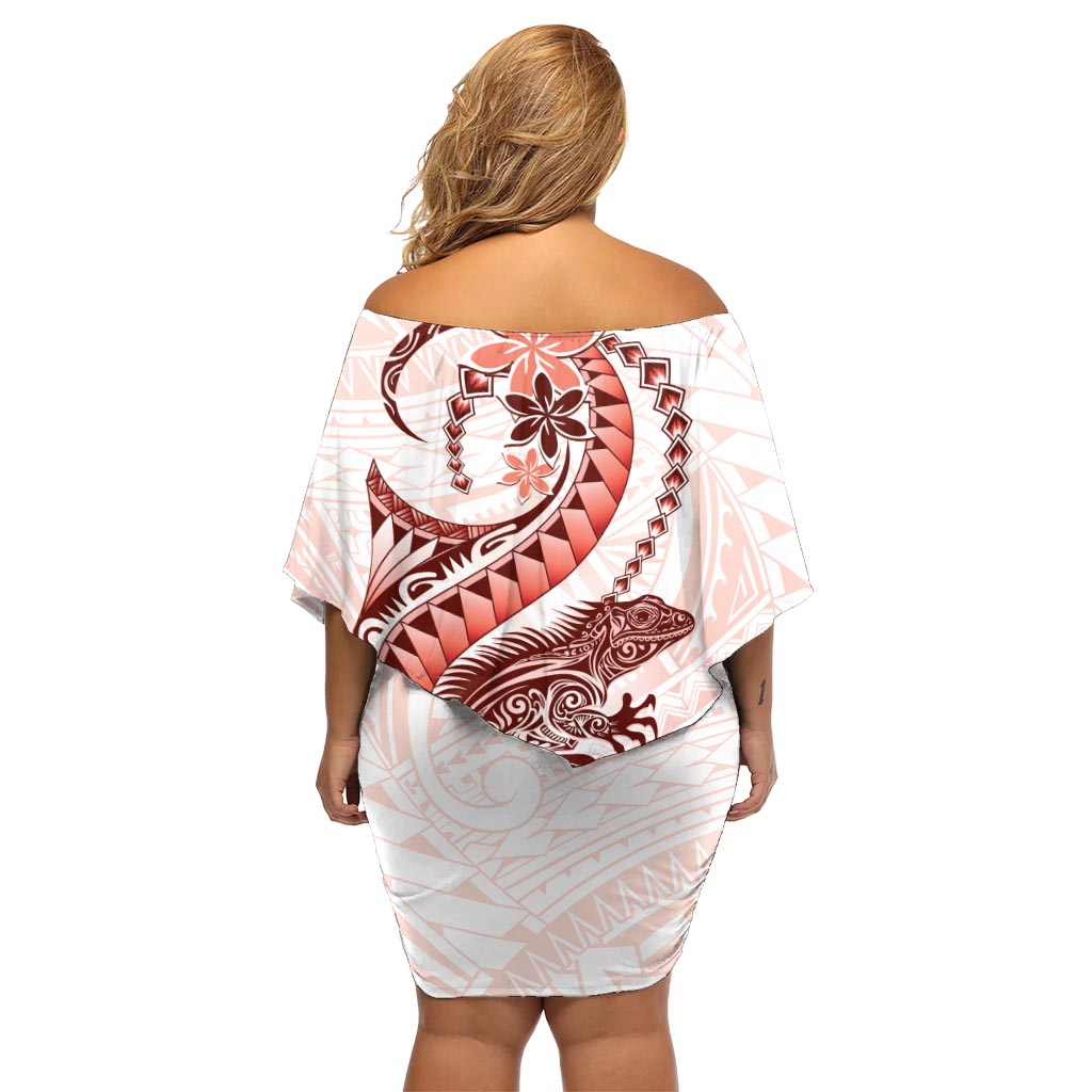 Red Maori Tuatara Off Shoulder Short Dress Luxury Pastel Pattern LT01 - Polynesian Pride