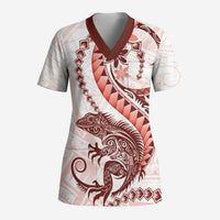 Red Maori Tuatara Scrub Top Luxury Pastel Pattern - Polynesian Pride