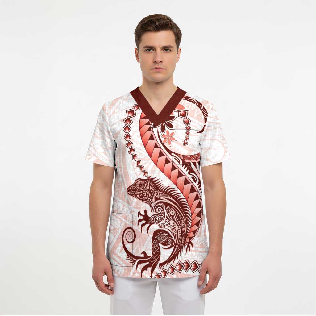 Red Maori Tuatara Scrub Top Luxury Pastel Pattern - Polynesian Pride