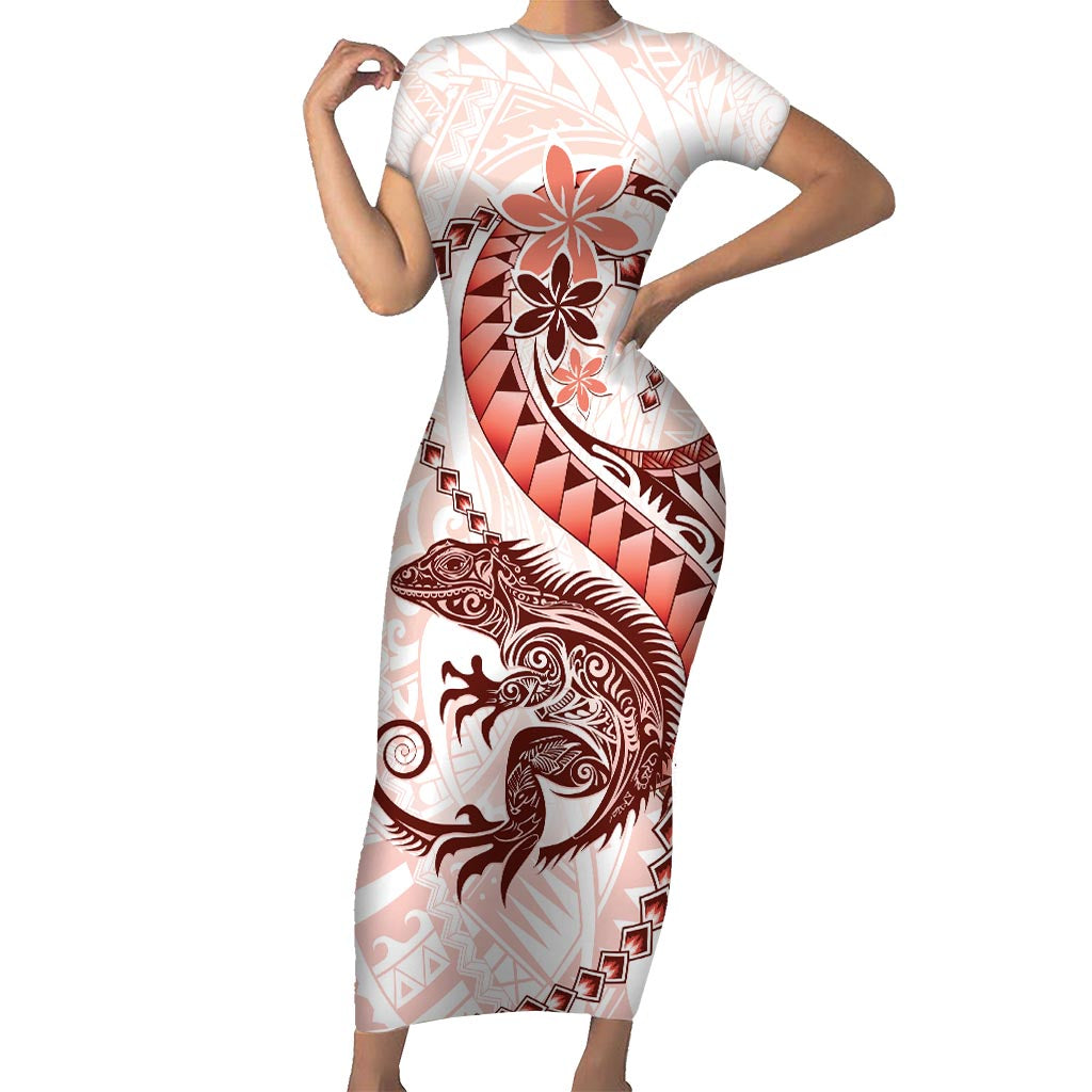 Red Maori Tuatara Short Sleeve Bodycon Dress Luxury Pastel Pattern