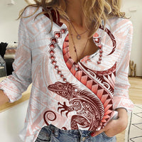Red Maori Tuatara Women Casual Shirt Luxury Pastel Pattern