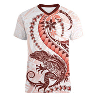 Red Maori Tuatara Women V-Neck T-Shirt Luxury Pastel Pattern