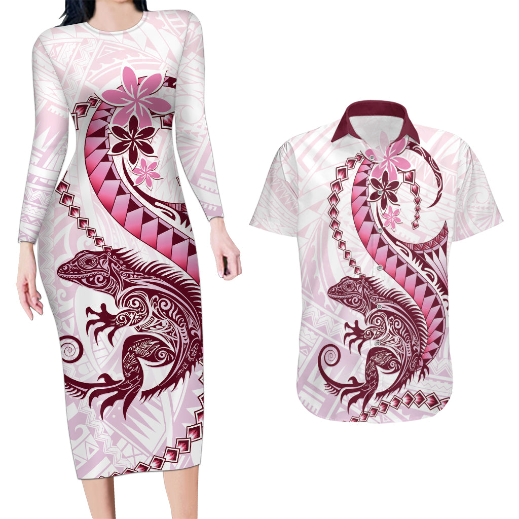 Pink Maori Tuatara Couples Matching Long Sleeve Bodycon Dress and Hawaiian Shirt Luxury Pastel Pattern LT01 Pink - Polynesian Pride