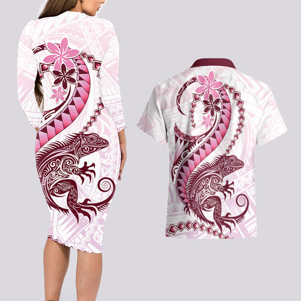 Pink Maori Tuatara Couples Matching Long Sleeve Bodycon Dress and Hawaiian Shirt Luxury Pastel Pattern LT01 - Polynesian Pride