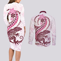Pink Maori Tuatara Couples Matching Long Sleeve Bodycon Dress and Long Sleeve Button Shirt Luxury Pastel Pattern LT01 - Polynesian Pride