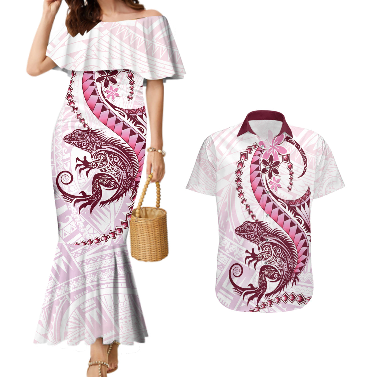 Pink Maori Tuatara Couples Matching Mermaid Dress and Hawaiian Shirt Luxury Pastel Pattern