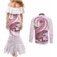 Pink Maori Tuatara Couples Matching Mermaid Dress and Long Sleeve Button Shirt Luxury Pastel Pattern LT01 - Polynesian Pride