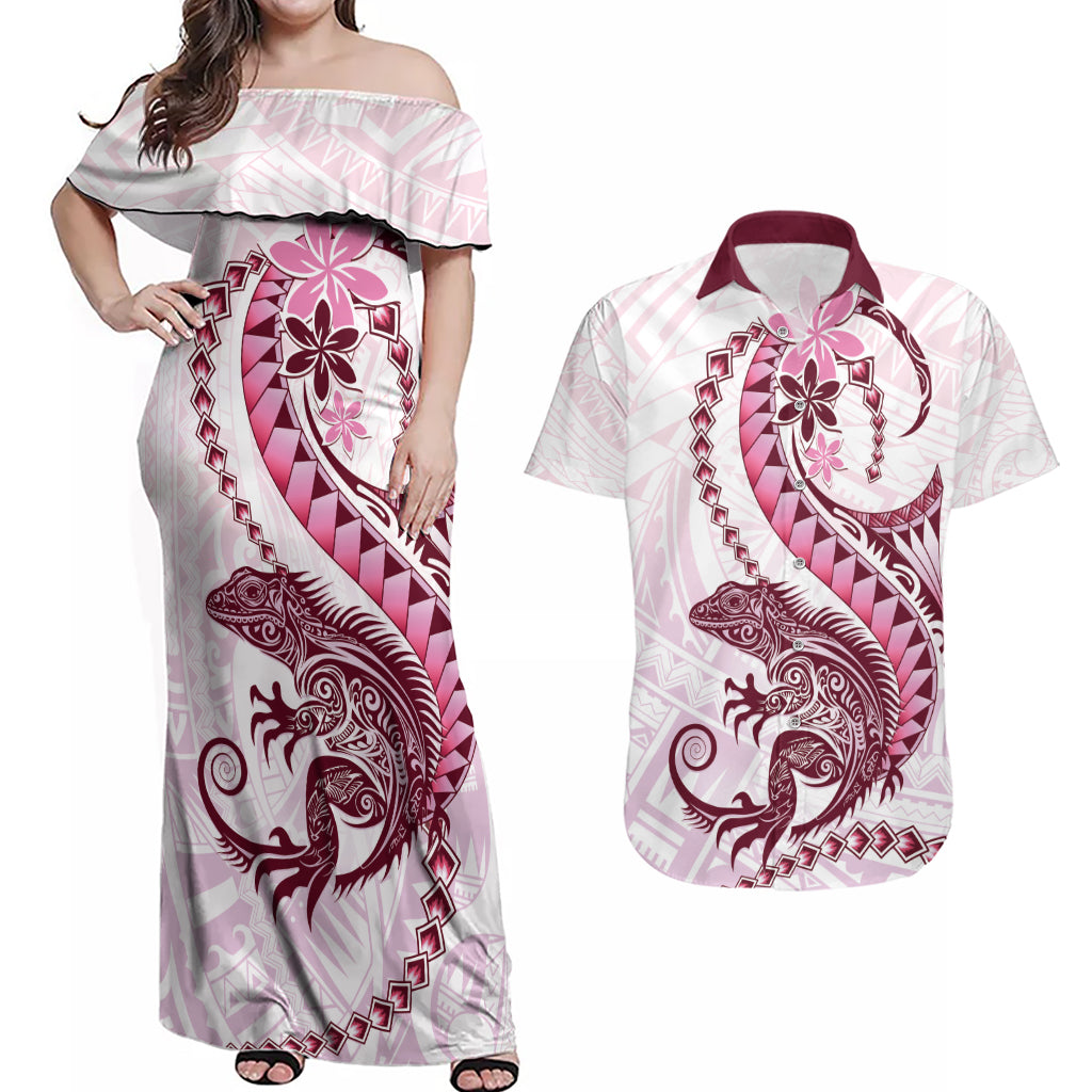 Pink Maori Tuatara Couples Matching Off Shoulder Maxi Dress and Hawaiian Shirt Luxury Pastel Pattern