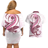 Pink Maori Tuatara Couples Matching Off Shoulder Short Dress and Hawaiian Shirt Luxury Pastel Pattern LT01 - Polynesian Pride