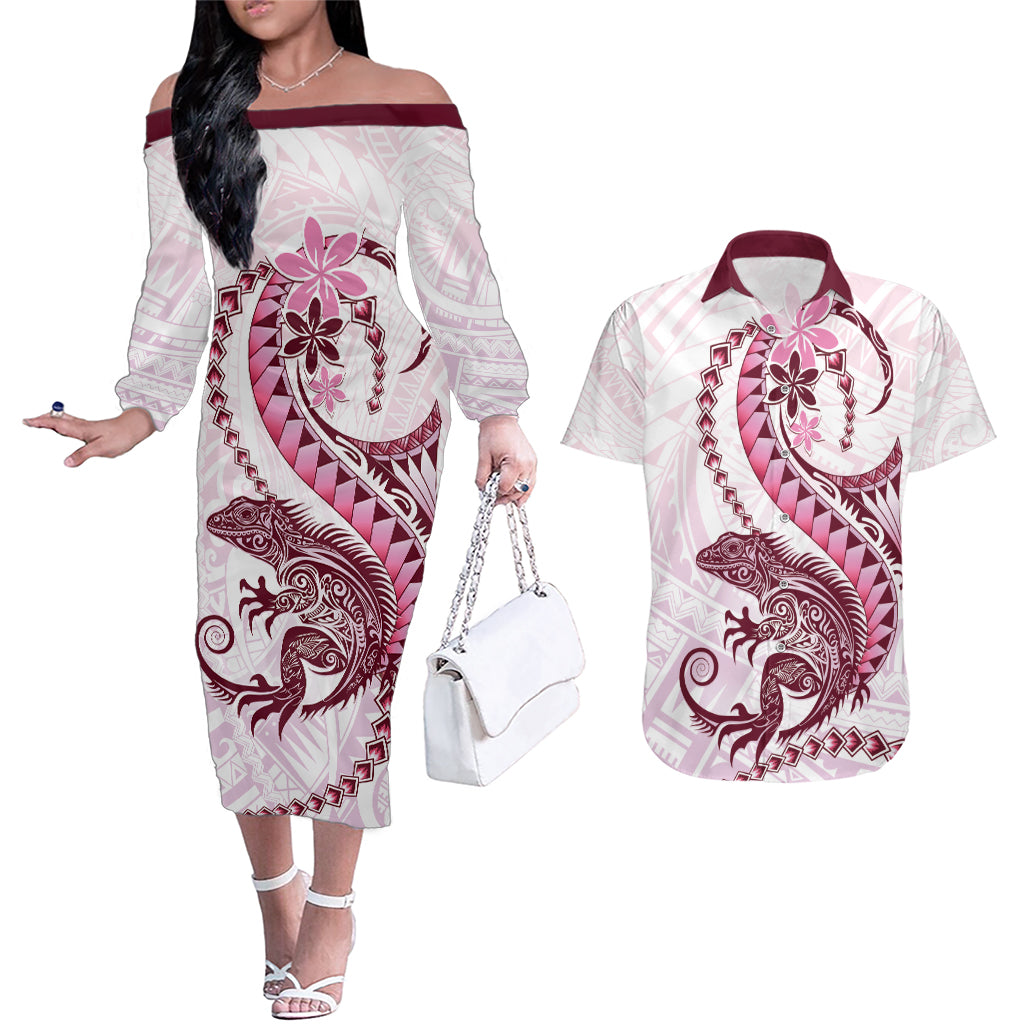 Pink Maori Tuatara Couples Matching Off The Shoulder Long Sleeve Dress and Hawaiian Shirt Luxury Pastel Pattern LT01 Pink - Polynesian Pride