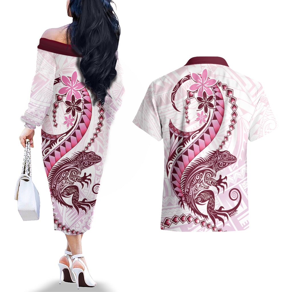 Pink Maori Tuatara Couples Matching Off The Shoulder Long Sleeve Dress and Hawaiian Shirt Luxury Pastel Pattern LT01 - Polynesian Pride