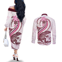 Pink Maori Tuatara Couples Matching Off The Shoulder Long Sleeve Dress and Long Sleeve Button Shirt Luxury Pastel Pattern LT01 - Polynesian Pride