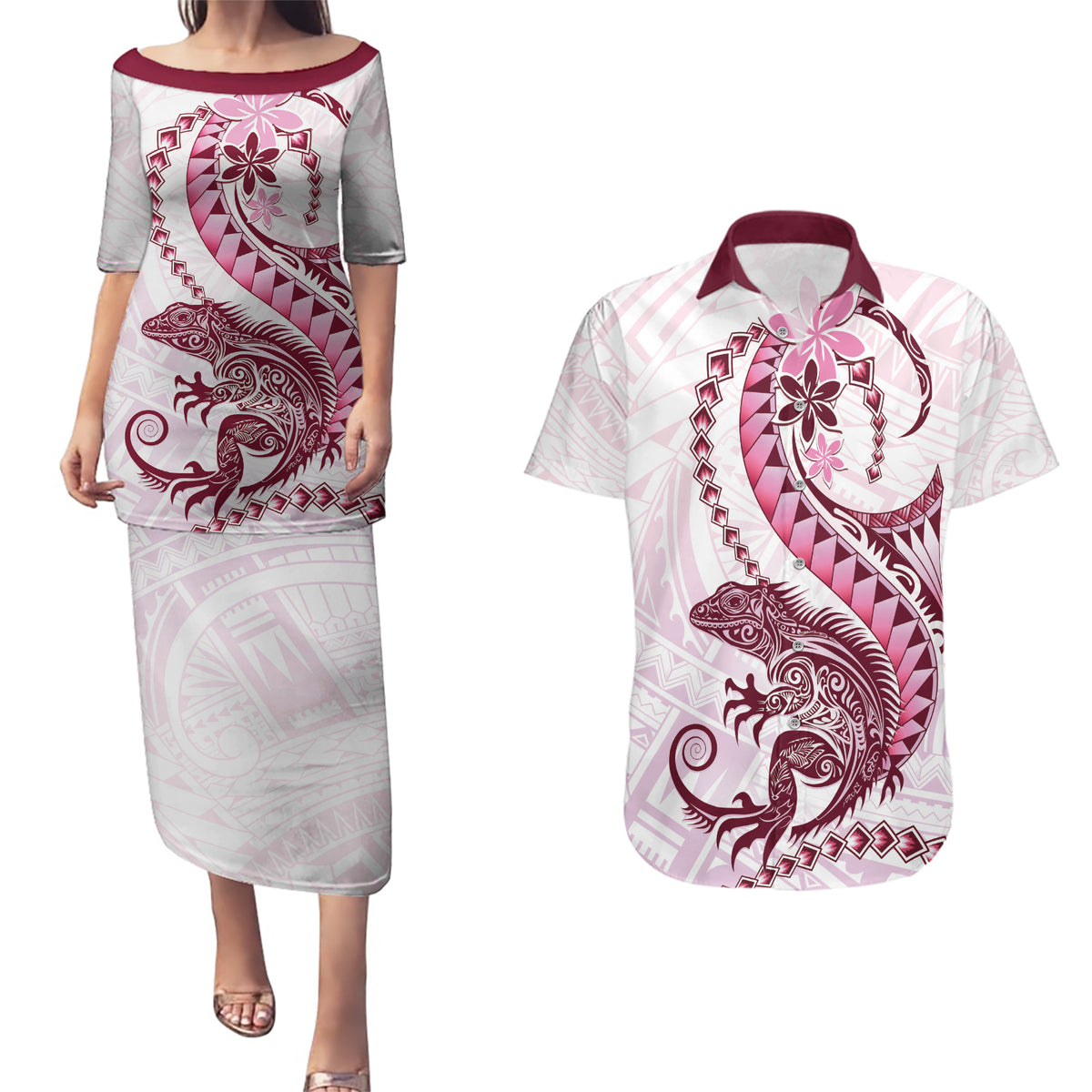 Pink Maori Tuatara Couples Matching Puletasi and Hawaiian Shirt Luxury Pastel Pattern LT01 Pink - Polynesian Pride