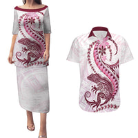 Pink Maori Tuatara Couples Matching Puletasi and Hawaiian Shirt Luxury Pastel Pattern LT01 Pink - Polynesian Pride