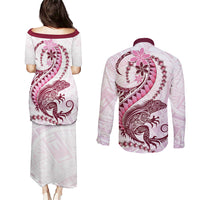Pink Maori Tuatara Couples Matching Puletasi and Long Sleeve Button Shirt Luxury Pastel Pattern LT01 - Polynesian Pride