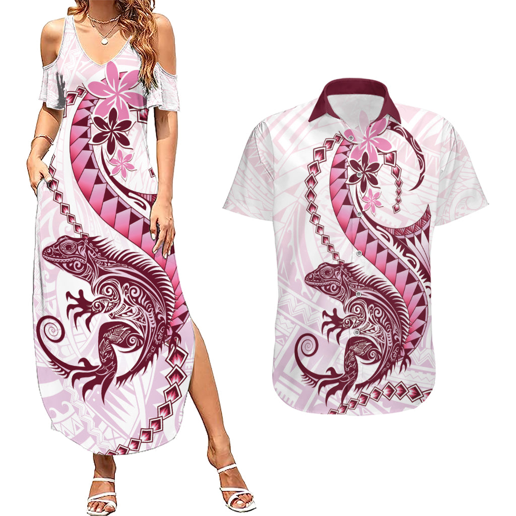 Pink Maori Tuatara Couples Matching Summer Maxi Dress and Hawaiian Shirt Luxury Pastel Pattern LT01 Pink - Polynesian Pride