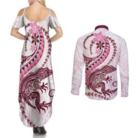 Pink Maori Tuatara Couples Matching Summer Maxi Dress and Long Sleeve Button Shirt Luxury Pastel Pattern LT01 - Polynesian Pride
