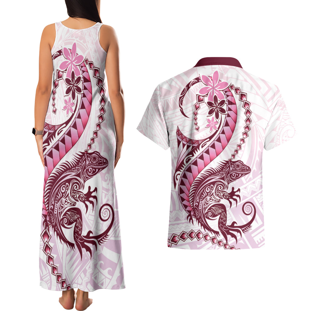 Pink Maori Tuatara Couples Matching Tank Maxi Dress and Hawaiian Shirt Luxury Pastel Pattern LT01 - Polynesian Pride