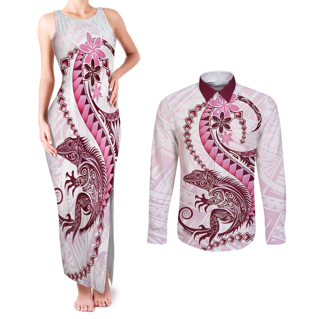 Pink Maori Tuatara Couples Matching Tank Maxi Dress and Long Sleeve Button Shirt Luxury Pastel Pattern