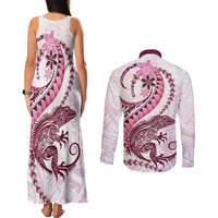 Pink Maori Tuatara Couples Matching Tank Maxi Dress and Long Sleeve Button Shirt Luxury Pastel Pattern