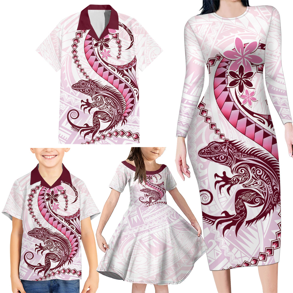 Pink Maori Tuatara Family Matching Long Sleeve Bodycon Dress and Hawaiian Shirt Luxury Pastel Pattern