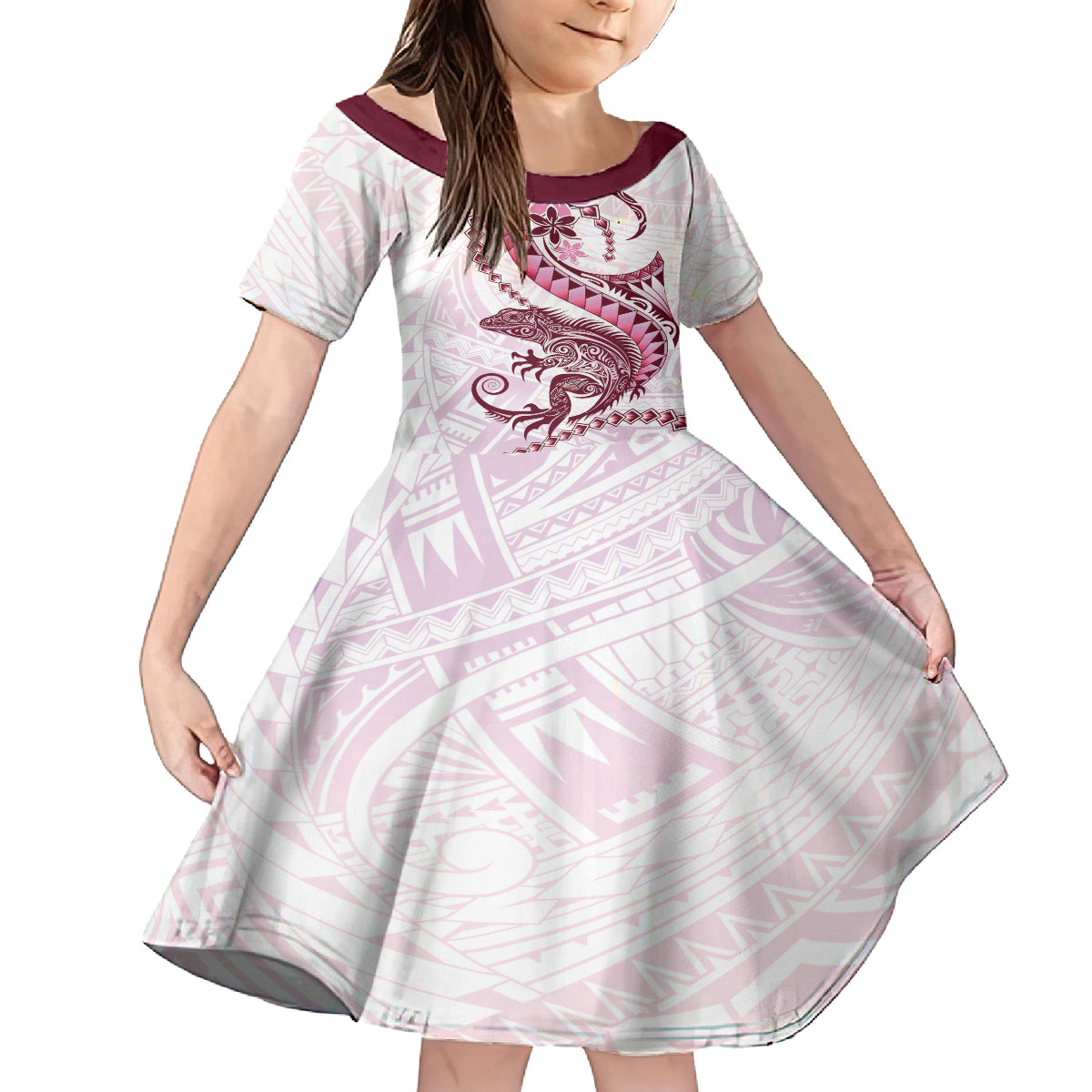 Pink Maori Tuatara Family Matching Off The Shoulder Long Sleeve Dress and Hawaiian Shirt Luxury Pastel Pattern