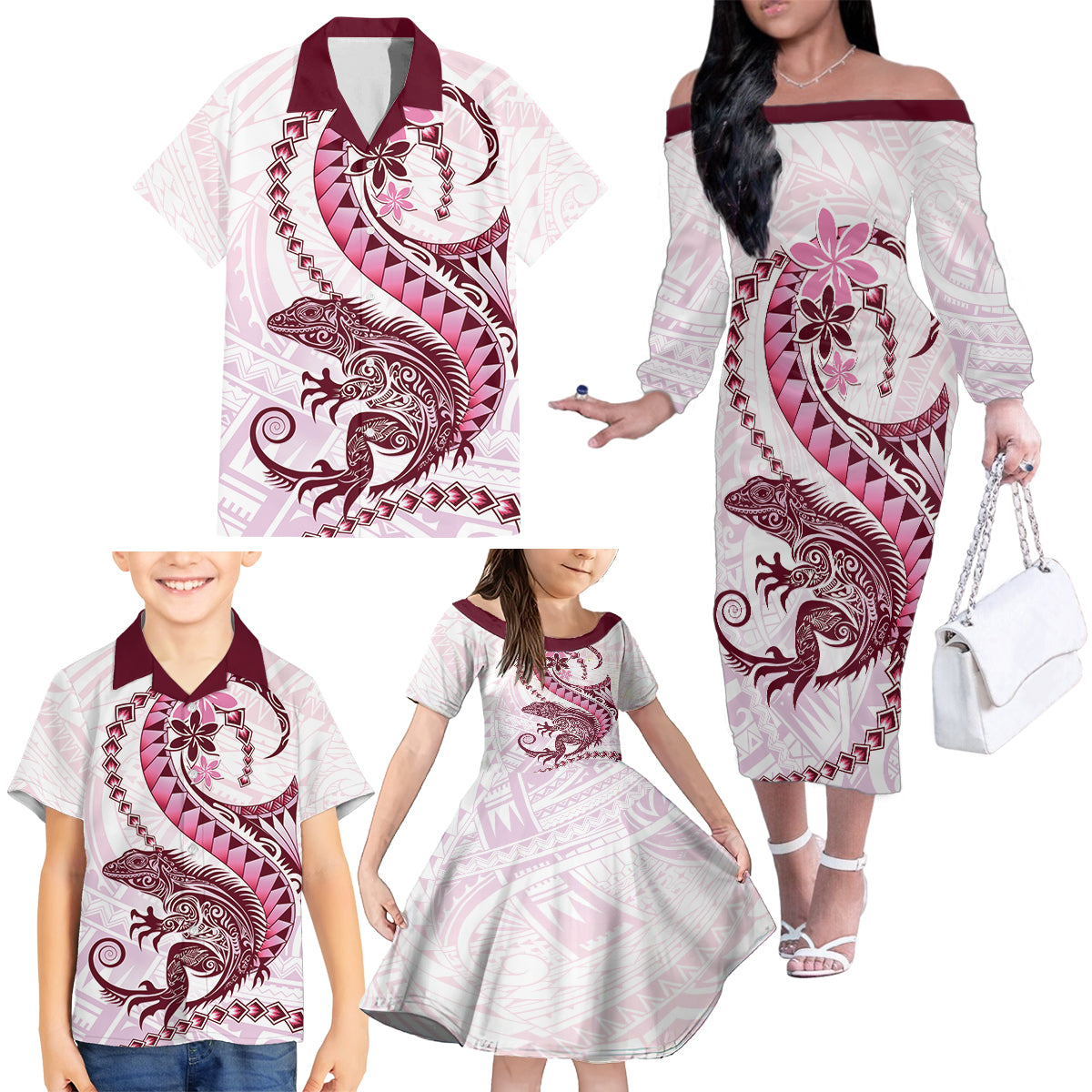 Pink Maori Tuatara Family Matching Off The Shoulder Long Sleeve Dress and Hawaiian Shirt Luxury Pastel Pattern