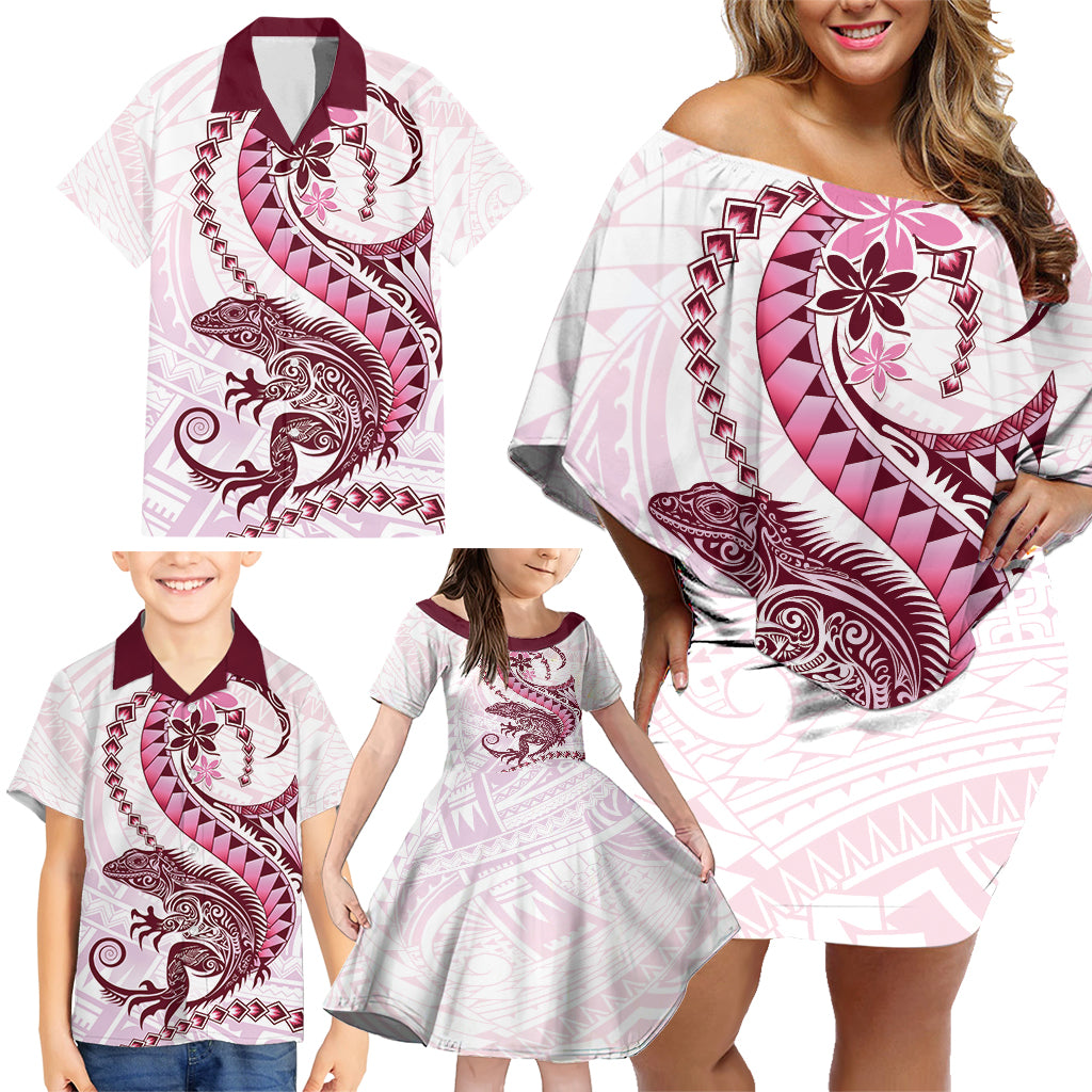 Pink Maori Tuatara Family Matching Off Shoulder Short Dress and Hawaiian Shirt Luxury Pastel Pattern LT01 - Polynesian Pride