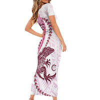 Pink Maori Tuatara Family Matching Short Sleeve Bodycon Dress and Hawaiian Shirt Luxury Pastel Pattern