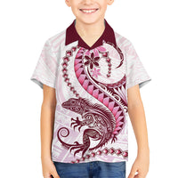 Pink Maori Tuatara Family Matching Short Sleeve Bodycon Dress and Hawaiian Shirt Luxury Pastel Pattern
