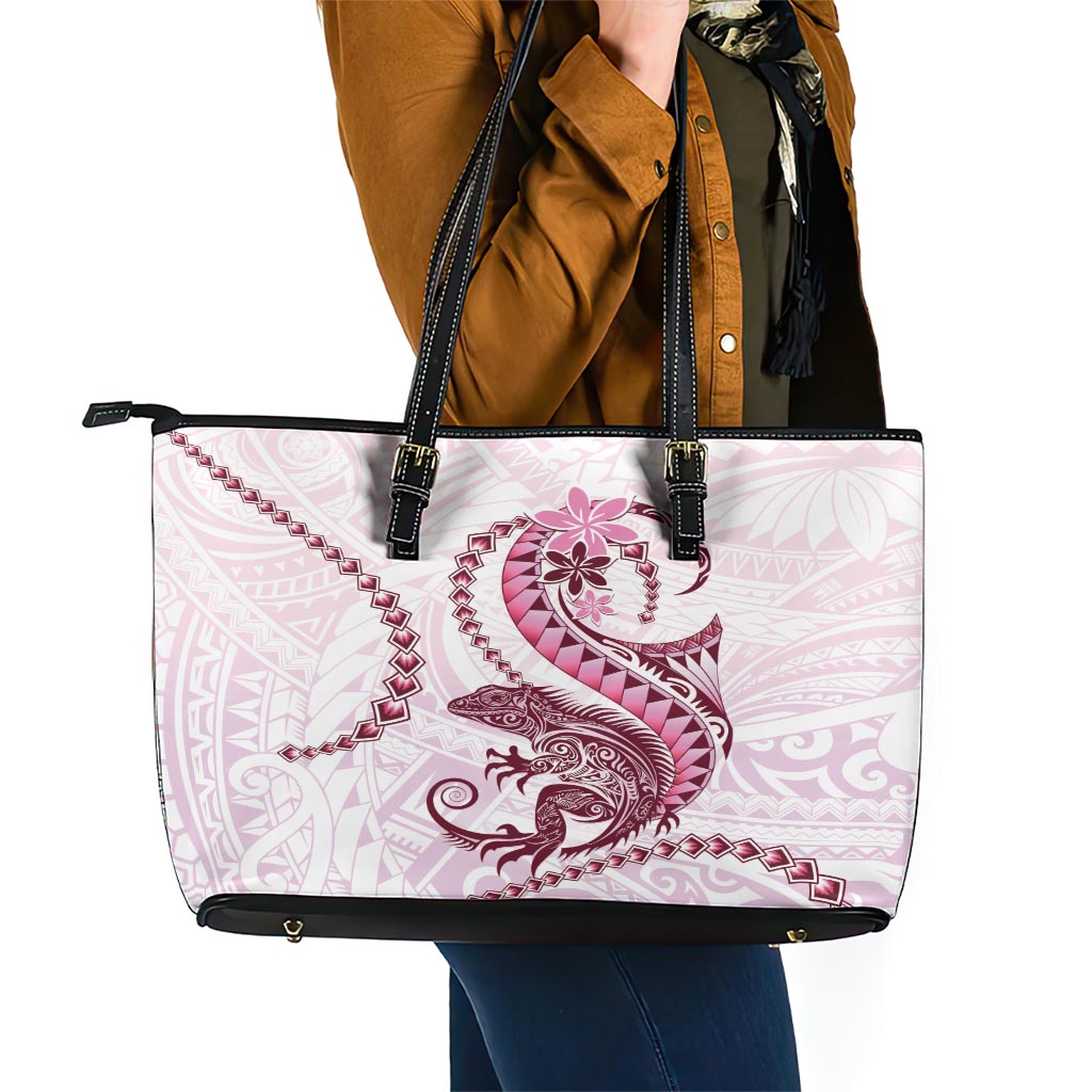 Pink Maori Tuatara Leather Tote Bag Luxury Pastel Pattern LT01 - Polynesian Pride
