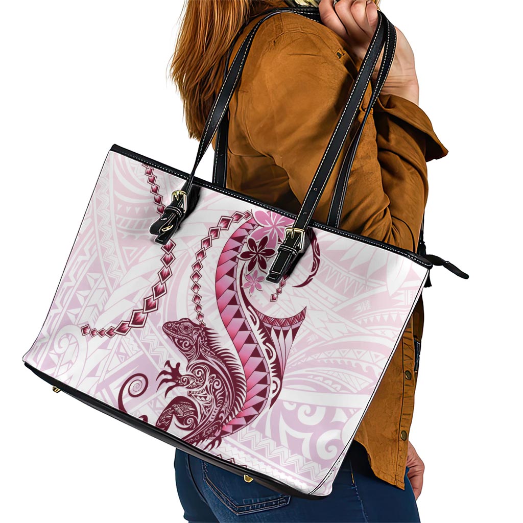 Pink Maori Tuatara Leather Tote Bag Luxury Pastel Pattern LT01 - Polynesian Pride