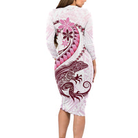 Pink Maori Tuatara Long Sleeve Bodycon Dress Luxury Pastel Pattern