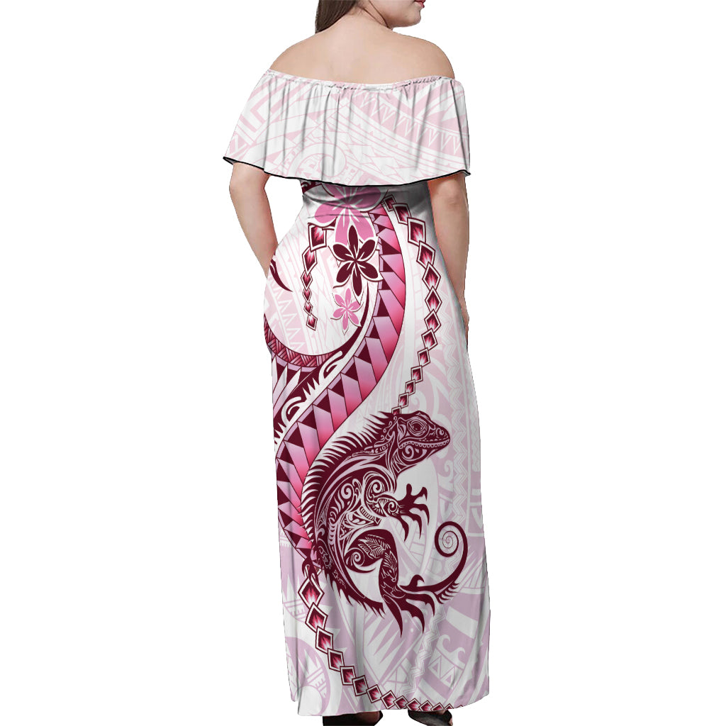 Pink Maori Tuatara Off Shoulder Maxi Dress Luxury Pastel Pattern LT01 - Polynesian Pride