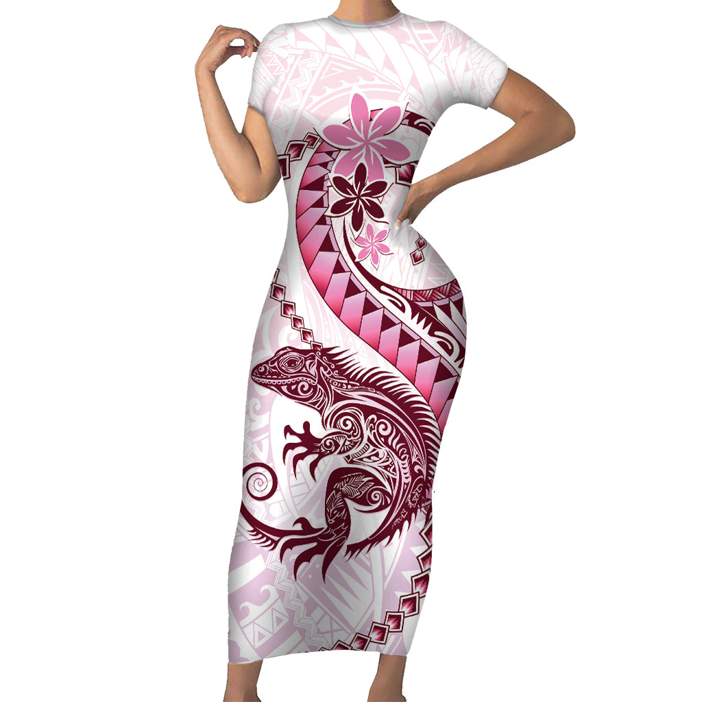 Pink Maori Tuatara Short Sleeve Bodycon Dress Luxury Pastel Pattern