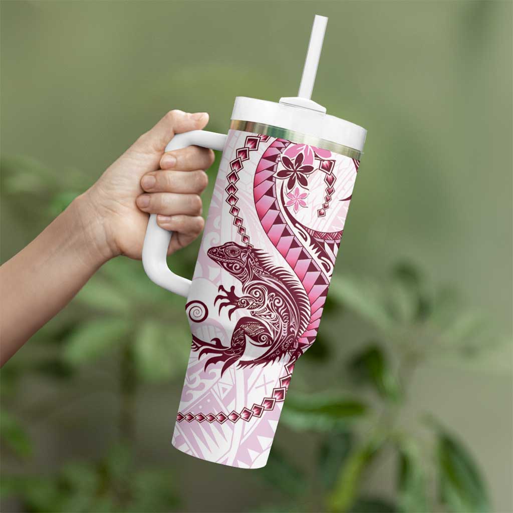 Pink Maori Tuatara Tumbler With Handle Luxury Pastel Pattern LT01 - Polynesian Pride