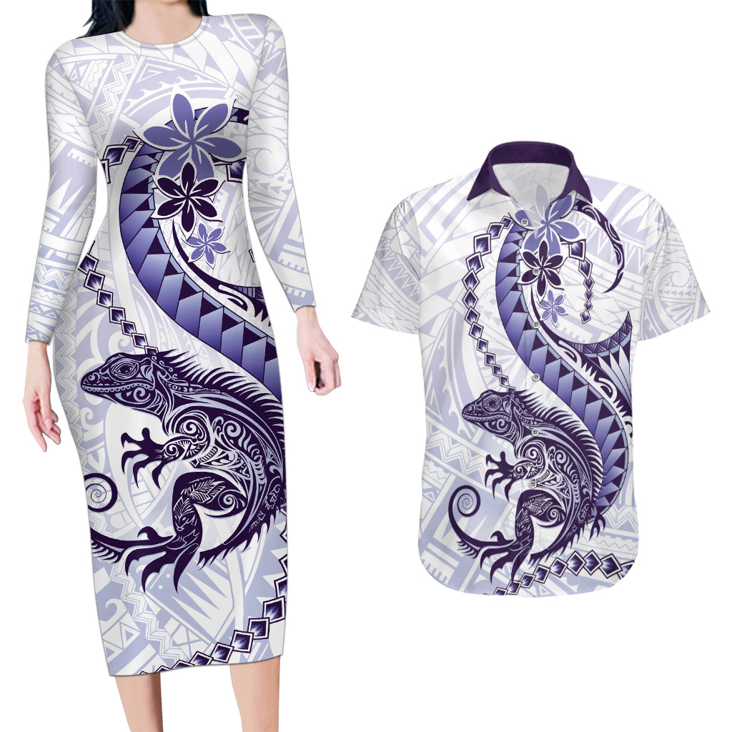 Purple Maori Tuatara Couples Matching Long Sleeve Bodycon Dress and Hawaiian Shirt Luxury Pastel Pattern