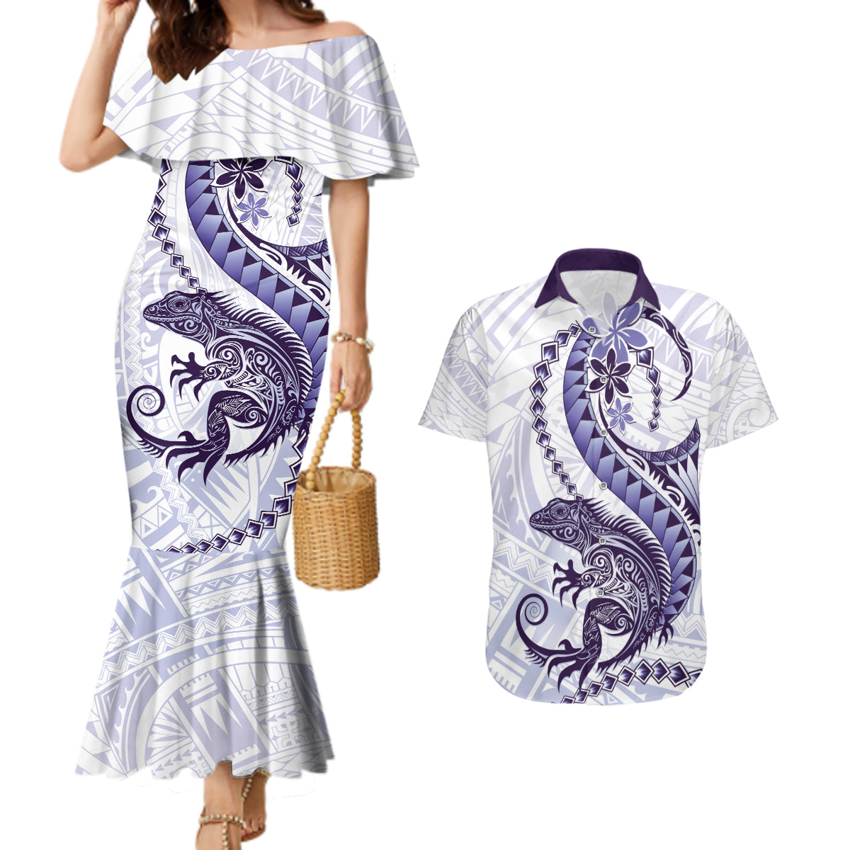 Purple Maori Tuatara Couples Matching Mermaid Dress and Hawaiian Shirt Luxury Pastel Pattern