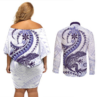 Purple Maori Tuatara Couples Matching Off Shoulder Short Dress and Long Sleeve Button Shirt Luxury Pastel Pattern LT01 - Polynesian Pride