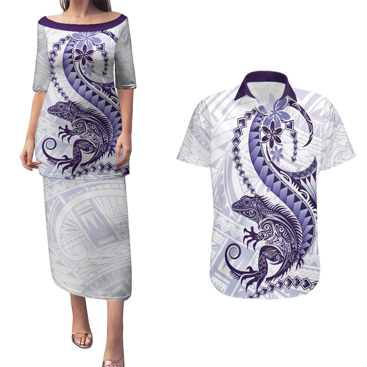 Purple Maori Tuatara Couples Matching Puletasi and Hawaiian Shirt Luxury Pastel Pattern LT01 Purple - Polynesian Pride