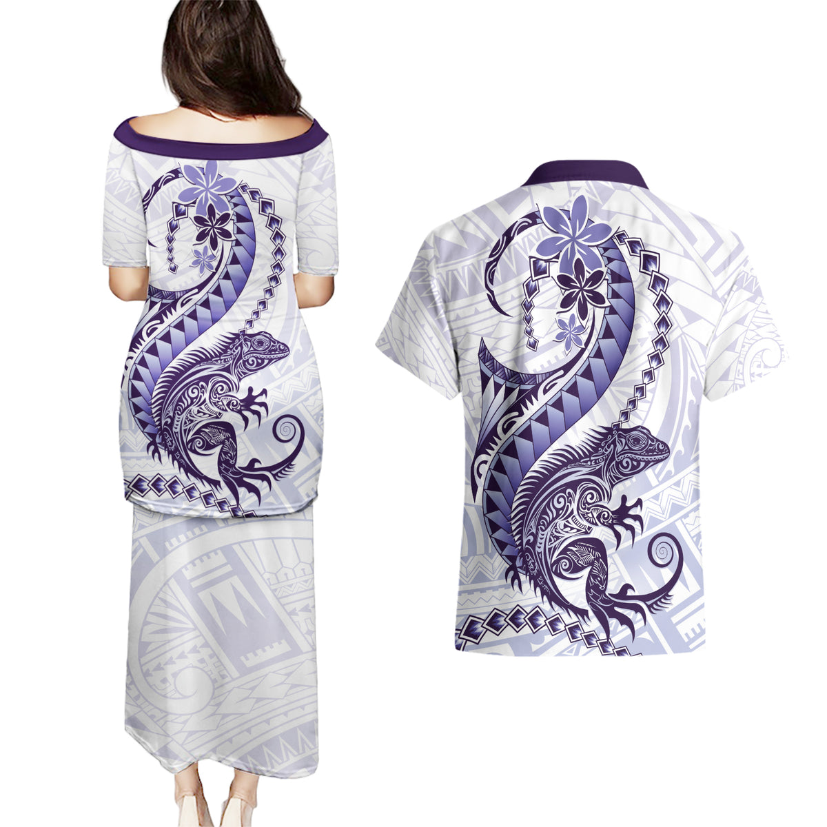 Purple Maori Tuatara Couples Matching Puletasi and Hawaiian Shirt Luxury Pastel Pattern LT01 - Polynesian Pride