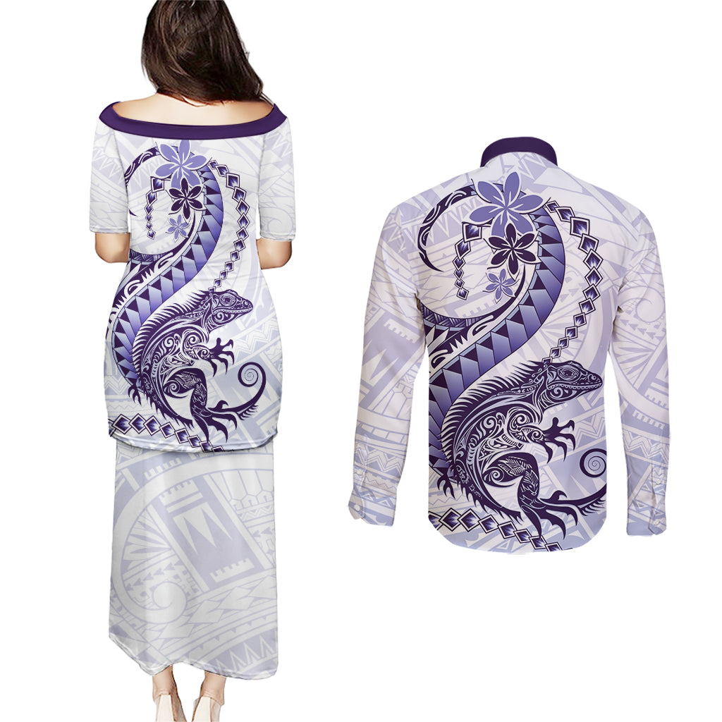 Purple Maori Tuatara Couples Matching Puletasi and Long Sleeve Button Shirt Luxury Pastel Pattern LT01 - Polynesian Pride