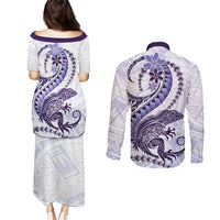 Purple Maori Tuatara Couples Matching Puletasi and Long Sleeve Button Shirt Luxury Pastel Pattern LT01 - Polynesian Pride